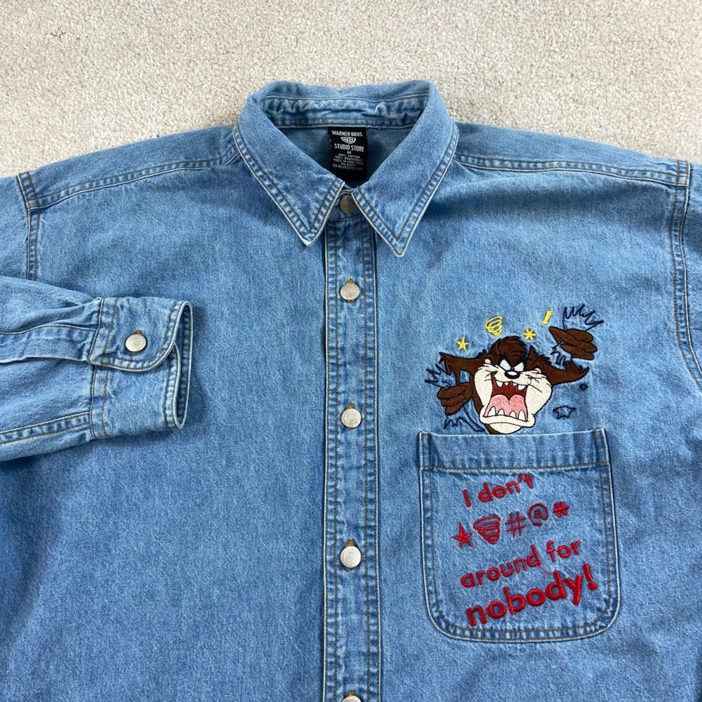 Vintage Warner Bros Studio Store Denim Shirt Mens M Blue Taz Tasmanian Devil 90s